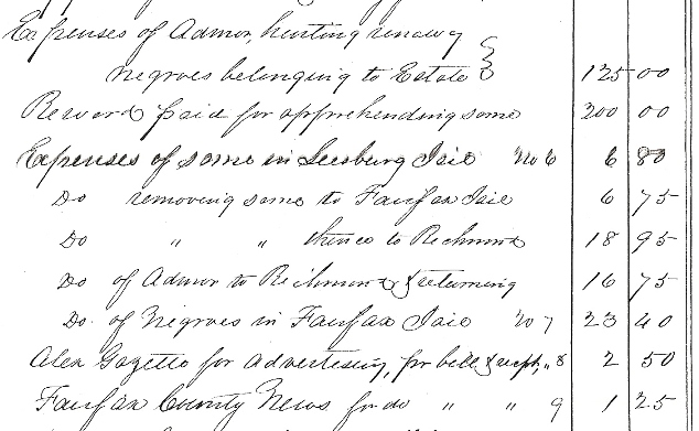 Chantilly estate account showing expenses for capturing runaway slaves